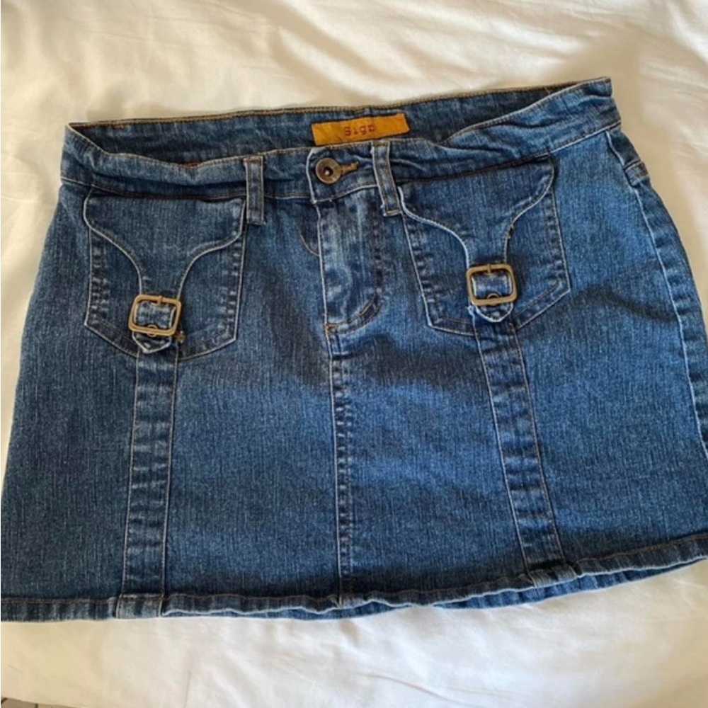 Denim Mini Skirt with Buckle Detail - Blue